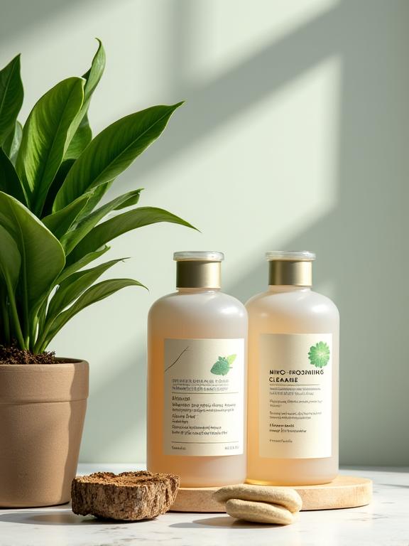 A collection of plant-based, eco-friendly cleaning bottles next to a thriving houseplant.
