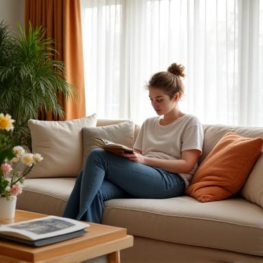 Person relaxing on a sofa in a perfectly clean home.