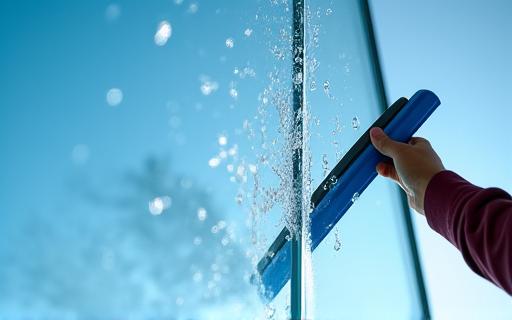 Professional window squeegee cleaning a large window